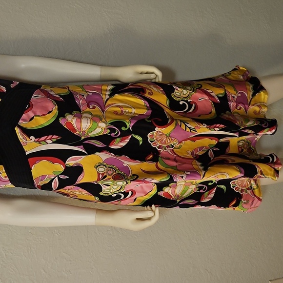 Vtg ROBBIE BEE Vibrant Multicolor Floral Mod Satin Halter Silk Dress - Picture 5 of 12
